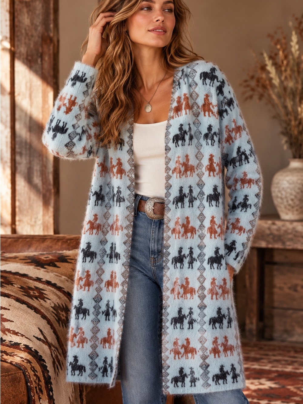 🤠 Solitaire Cowboy & Cowgirl w/ Horse Fuzzy Western Long Cardigan 🚻 Est Medium
